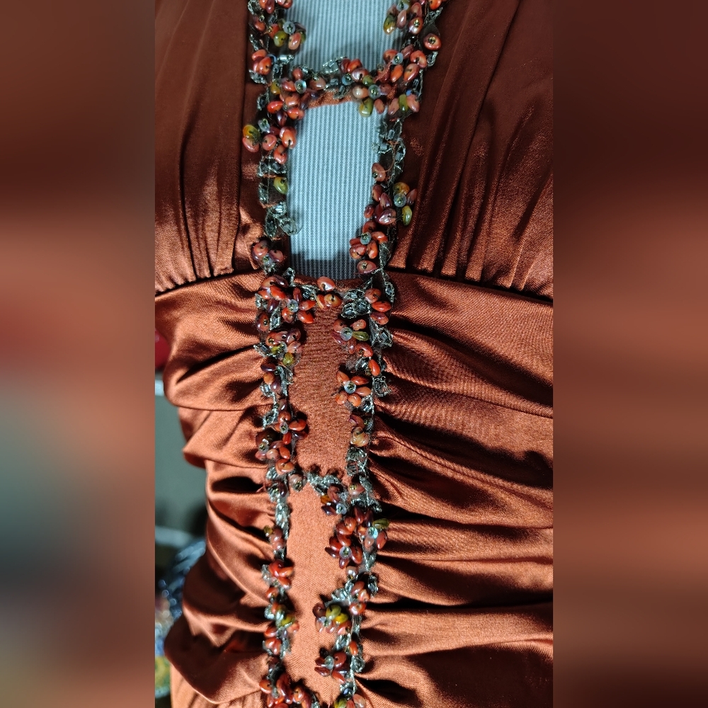 Free Sterling W/ Purch Jessica McClintock Gown Dress Burnt Rust Orange Beading 8 - Picture 6 of 13